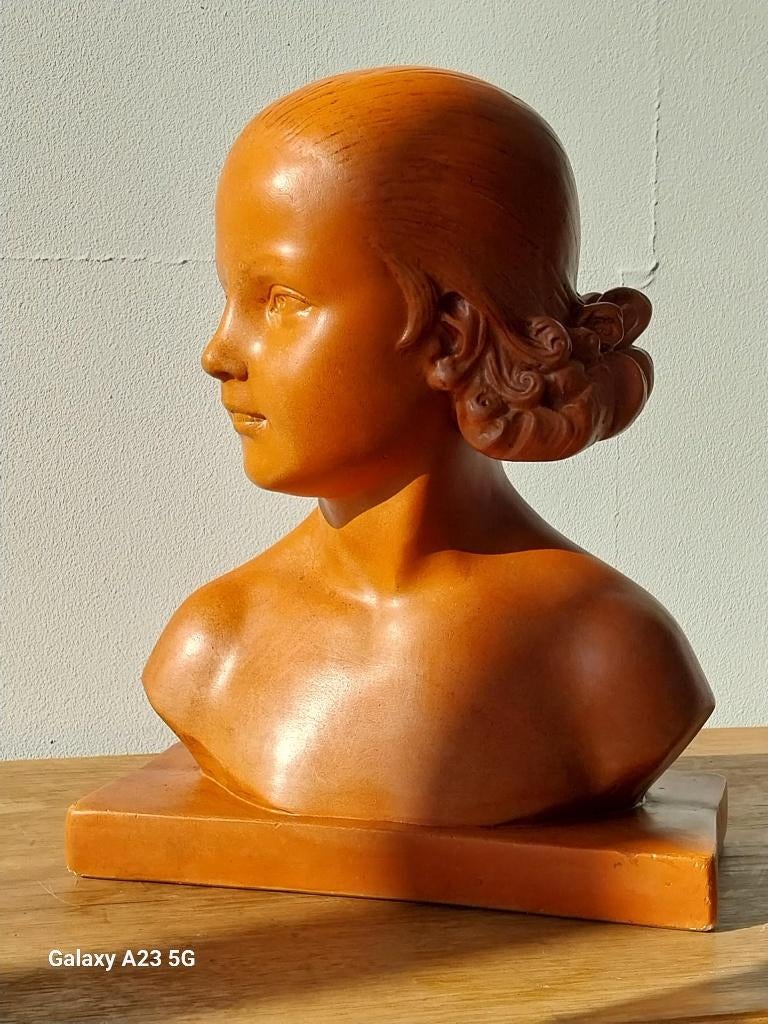 Art Deco buste meisje gesigneerd Renet Frankrijk ca 1930, Art deco, Gips, Buste, Ophalen of Verzenden