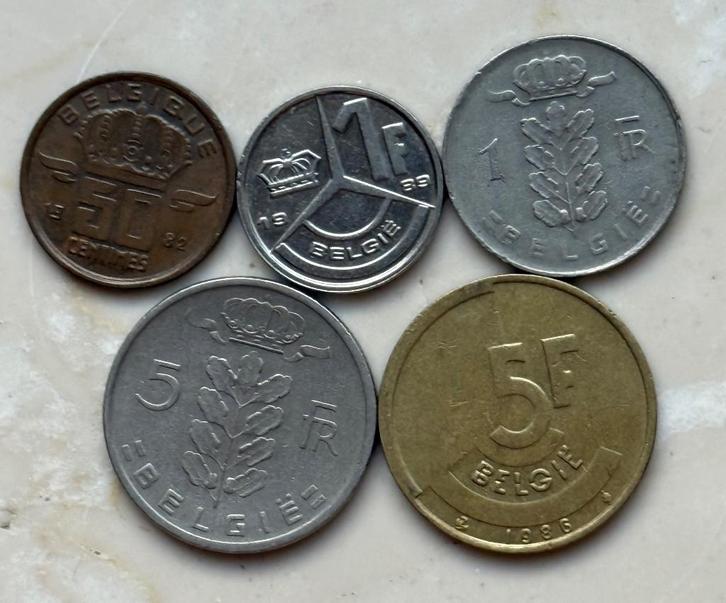 Munten Belgie  5 verschillende munten franks, Postzegels en Munten, Munten | België, Ophalen of Verzenden