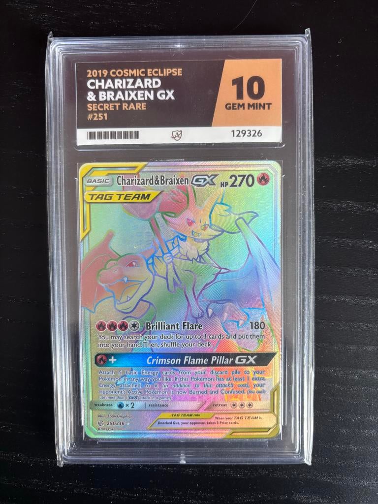 Charizard & Braixen GX Secret Rare #251 PSA 10 Gem Mint, Hobby en Vrije tijd, Verzamelkaartspellen | Pokémon, Ophalen of Verzenden