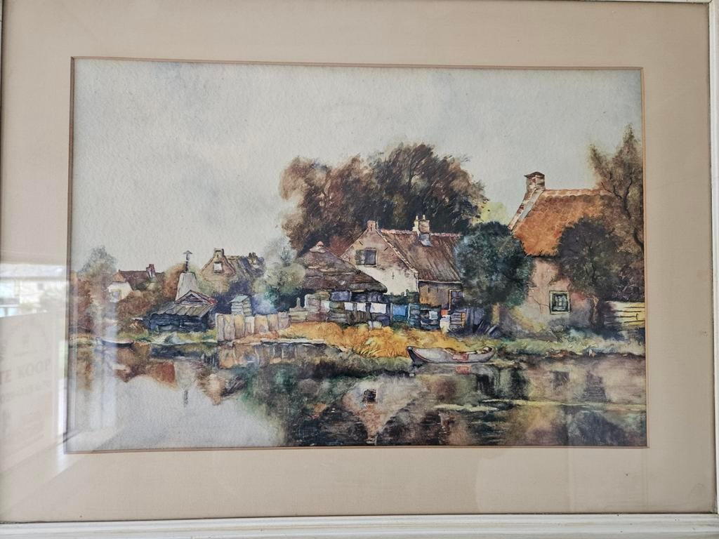 Sfeervolle aquarel van Hollands landschap aan het water, Ophalen of Verzenden