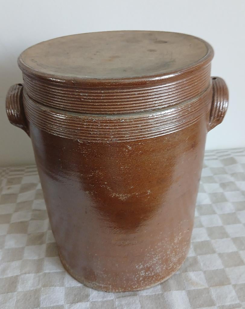 Antieke Franse aardewerk grespot met deksel, maat 7, Ophalen of Verzenden