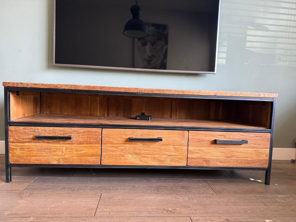 TV-dressoir Teak Hout Metalen Onderstel, Ophalen, Minder dan 50 cm, Gebruikt, Teakhout