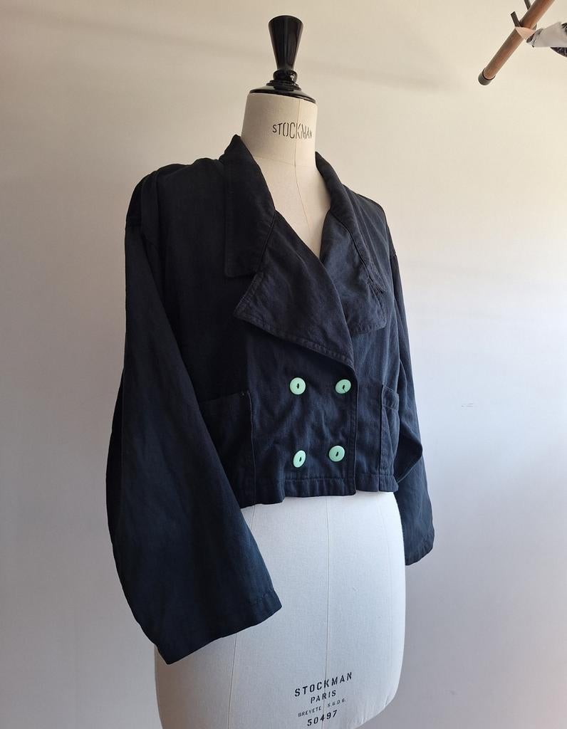 vintage 80s BENETTON jasje katoen twill rug zeefdruk batwing, Benetton, Zwart, Maat 42/44 (L), Ophalen of Verzenden