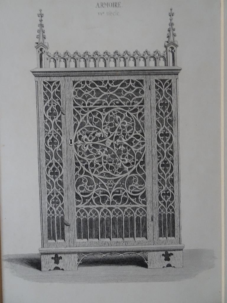 Prenten middeleeuwse meubels, Frans Buffa 1860, Antiek en Kunst, Verzenden, Dagelijks leven, Overige technieken, 1800 - 1899