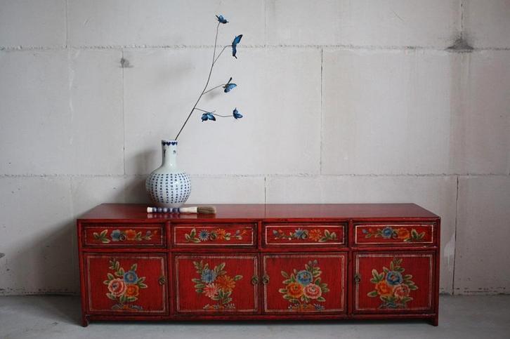 Kleurrijke Chinese Kast Beschilderde Bloemen Uniek Dressoir, Huis en Inrichting, Kasten | Vitrinekasten, Nieuw, Minder dan 100 cm