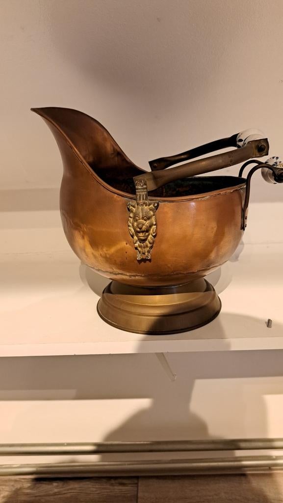 Antieke Koperen Kolenkit met Porseleinen Handvatten, Antiek en Kunst, Antiek | Koper en Brons, Ophalen of Verzenden, Koper