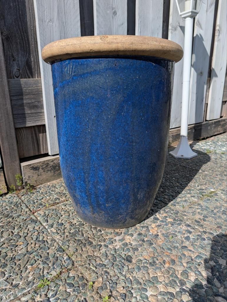 Hoge bloempot geglazuurd (blauw) 51.5 x 40 cm, Tuin en Terras, Bloempotten, Ophalen, 40 cm of meer, Rond, Aardewerk