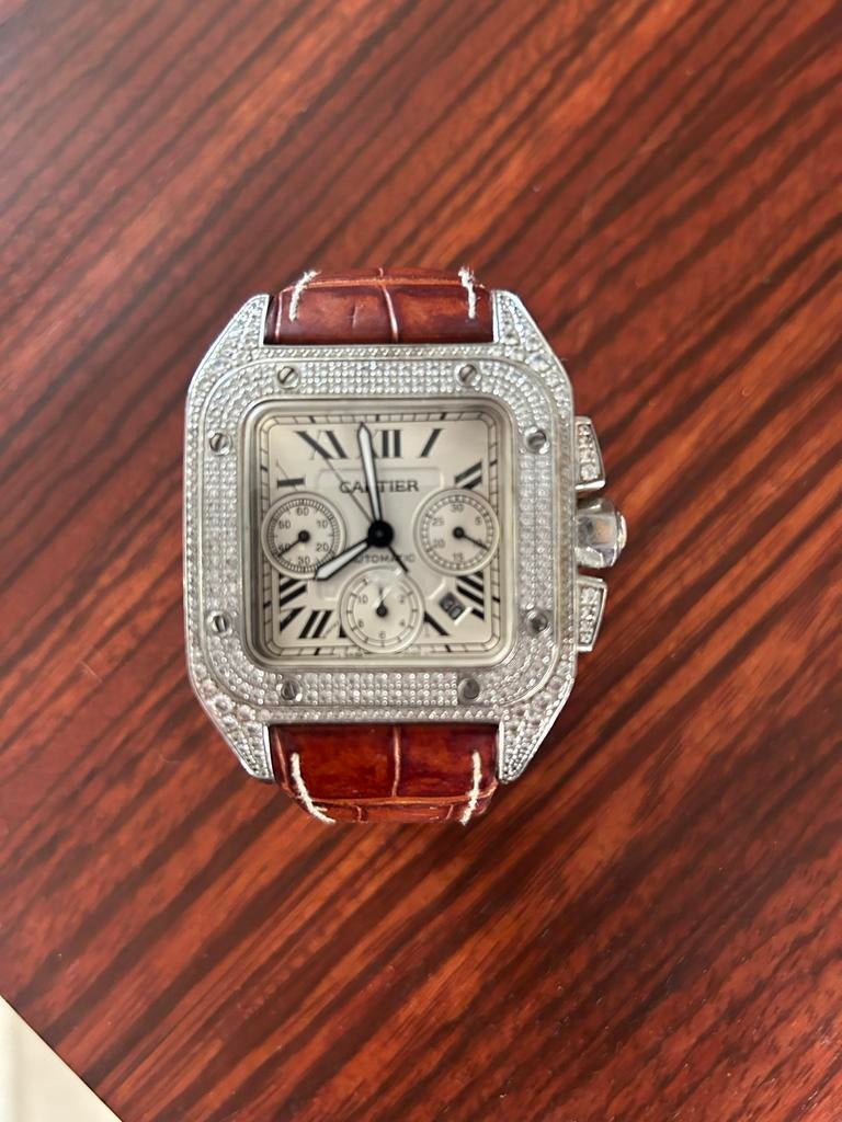 Cartier Dameshorloge met Steentjes en Bruine Leren Band, Overige merken, Leer, Staal, Polshorloge