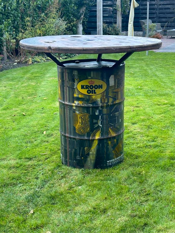 Kroon Oil Statafel - Industrieel & Uniek!, Tuin en Terras, Tuintafels, Gebruikt, Rond, Hout, Ophalen of Verzenden
