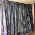 Blauw gordijn met gouden bloemen voor dakkapel, Gebruikt, Blauw, 100 tot 150 cm, Ophalen of Verzenden
