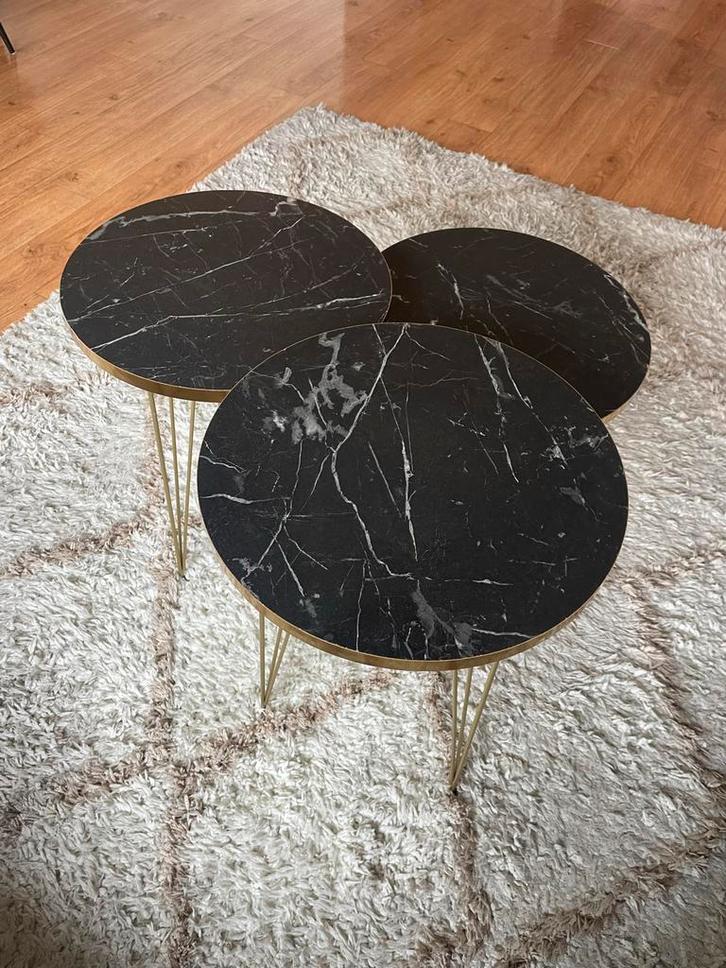 Set van 3 zwart gouden bijzettafels, Huis en Inrichting, Tafels | Bijzettafels, Zo goed als nieuw, Rond, Minder dan 45 cm, Minder dan 55 cm