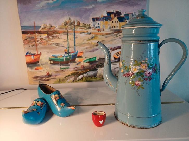 Blauwe Franse Koffiepot met Bloemen, Antiek en Kunst, Antiek | Emaille, Ophalen of Verzenden