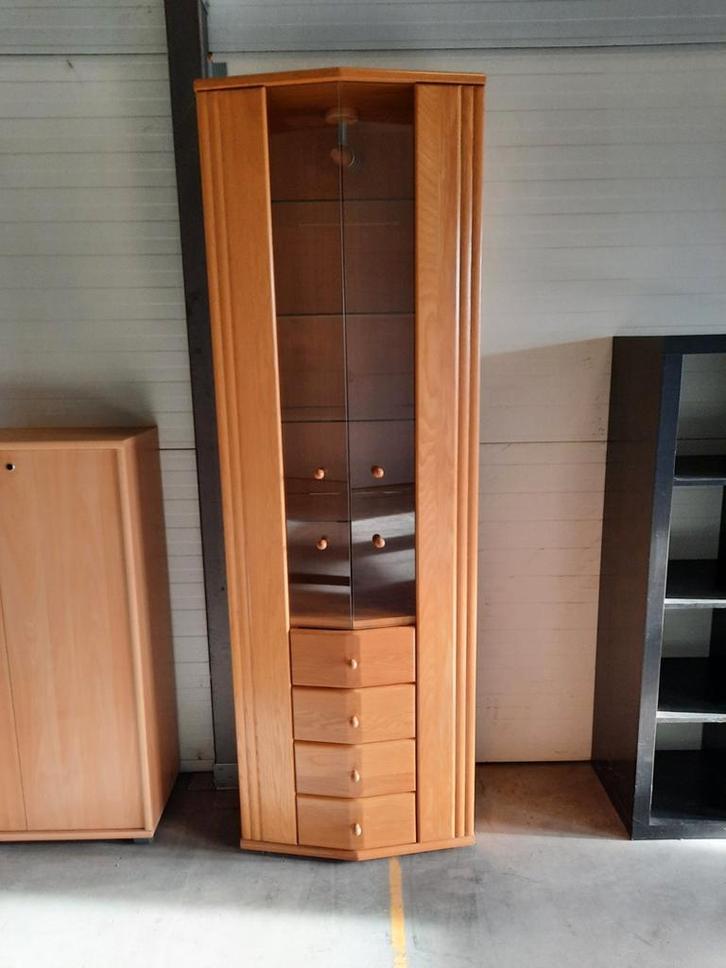 Staande eiken vitrinekast met 4 schappen en 4 laden, Huis en Inrichting, Kasten | Vitrinekasten, Gebruikt, 200 cm of meer, 50 tot 100 cm