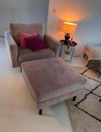 Velvet Oud roze fauteuil + hocker, Huis en Inrichting, Fauteuils, 100 tot 125 cm, Ophalen