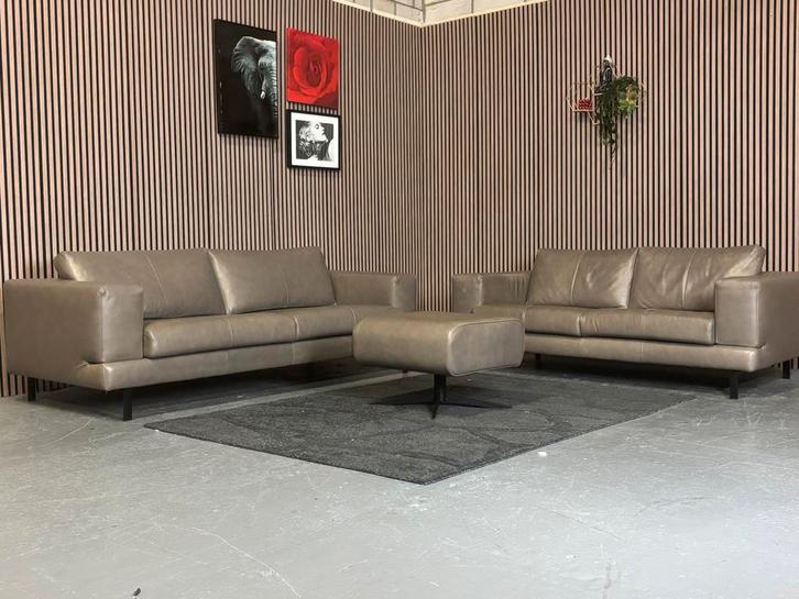 GRATIS LEVERING Set Leren Banken Taupe Houweling GEREINIGD, Huis en Inrichting, Banken | Bankstellen, Zo goed als nieuw, Hoekbank