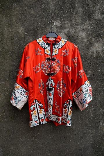 Antiek zijde pongee jasje borduursel vintage Aziatisch