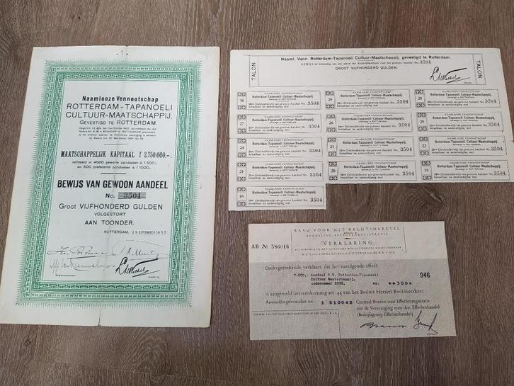 Aandeel "N.V. Rotterdam-Tapanoeli Cultuur-Maatschappij", Postzegels en Munten, Aandelen en Waardepapieren, Aandeel, 1920 tot 1950