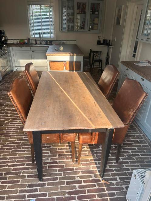 6 leren eetkamer stoelen cognac kleur + gratis tafel 180x90, Huis en Inrichting, Complete eetkamers, Gebruikt, 4 tot 6 stoelen