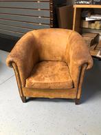 Leren stoel bruin schapenleder fauteuil, Ophalen, Gebruikt, 75 tot 100 cm, Leer
