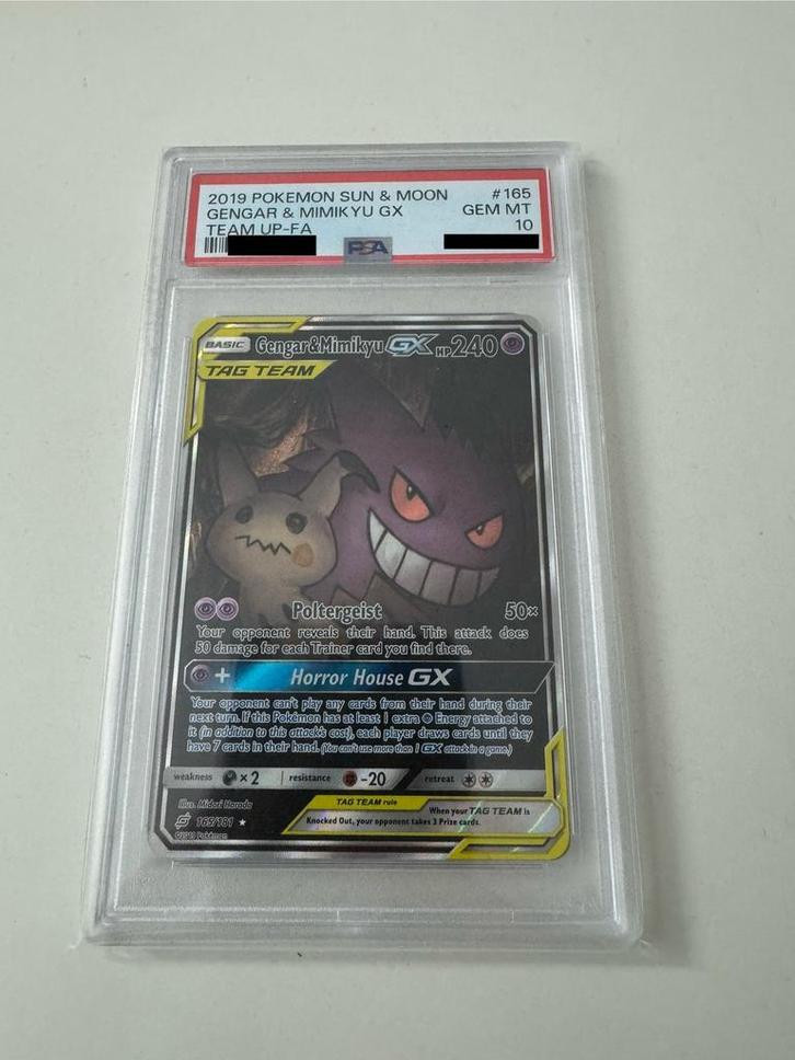 Gengar and Mimikyu GX 165/181 PSA 10, Hobby en Vrije tijd, Verzamelkaartspellen | Pokémon, Zo goed als nieuw, Ophalen of Verzenden