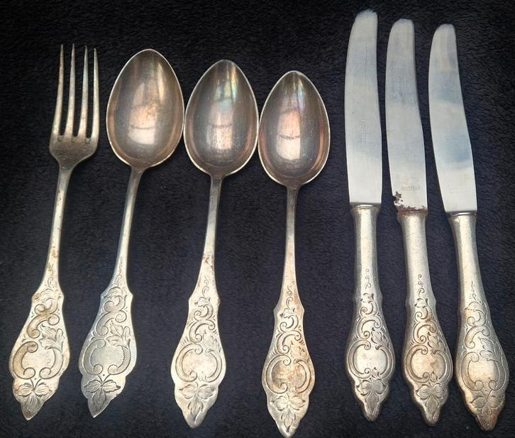 7 st. Antiek verzilverd bestek, weelderig barok uitgevoerd, Antiek en Kunst, Antiek | Bestek, Ophalen of Verzenden