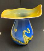Geblazen Glazen Vaas - Blauw & Geel, Ophalen of Verzenden