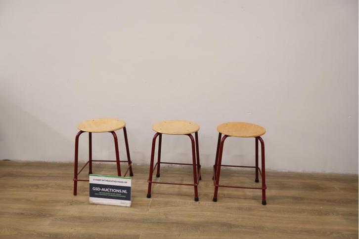 Set van 3 Vintage Krukjes met Rood Frame, Huis en Inrichting, Stoelen, Ophalen of Verzenden