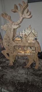 Houten hert kerstdorpje met verlichting., Diversen, Kerst, Ophalen