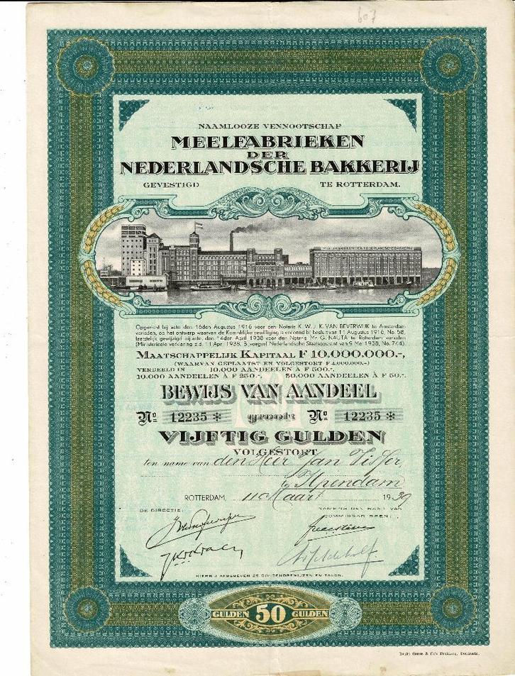 Meelfabrieken Nederlandsche Bakkerij (Meneba) - 1939 - ƒ 50, Postzegels en Munten, Aandelen en Waardepapieren, Aandeel, 1920 tot 1950