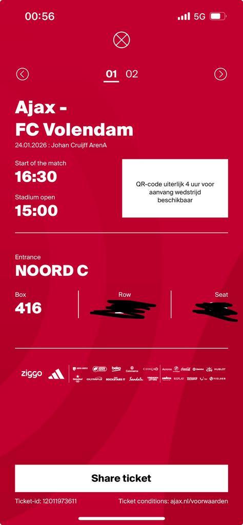 2 Tickets Ajax - Volendam NAAST ELKAAR, Tickets en Kaartjes, Sport | Voetbal, Twee personen, Januari, Losse kaart
