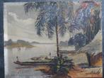 Schilderij rivier kano's bij hut Indonesië Molo Aljili 1961, Antiek en Kunst, Verzenden