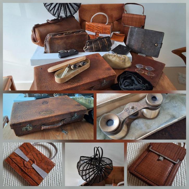 Antieke tassen, mapjes, koffertje, toneelkijker Grace etc, Antiek en Kunst, Curiosa en Brocante, Ophalen of Verzenden