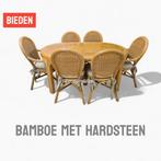 Bamboe eettafel met hardsteen + 6 stoelen, Ophalen, Zo goed als nieuw, 4 tot 6 stoelen