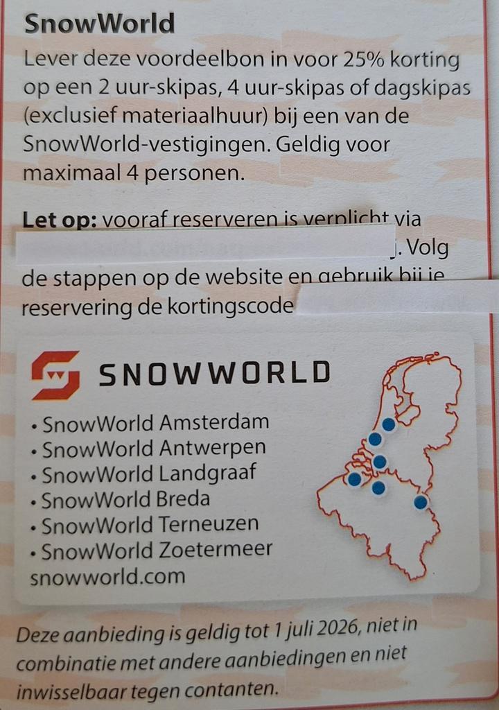 Online code. Snowworld 25% korting, Tickets en Kaartjes, Kortingen en Cadeaubonnen, Drie personen of meer, Kortingsbon