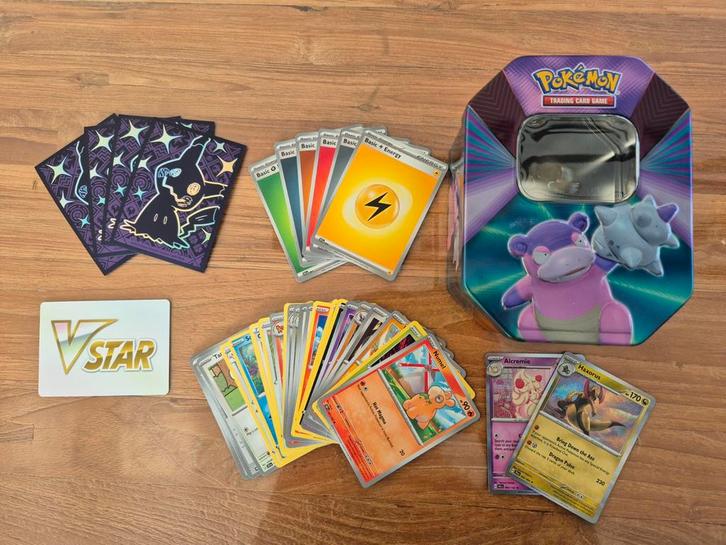 Groot Pokemon bewaarblik Slowbro met 30 kaarten (2 glimmend), Hobby en Vrije tijd, Verzamelkaartspellen | Pokémon, Zo goed als nieuw