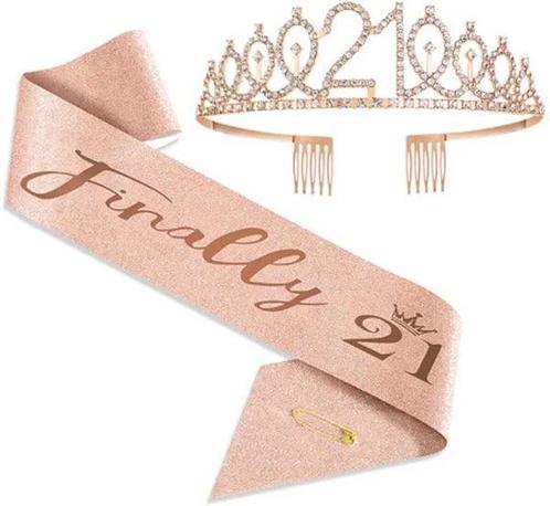 Diadeem en sjerp Finally 21 rose goud, Hobby en Vrije tijd, Feestartikelen, Nieuw, Versiering, Verjaardag, Ophalen of Verzenden