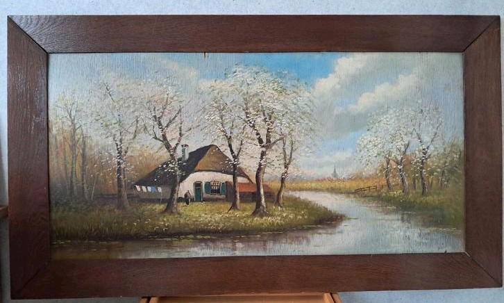 Oud olieverf schilderij met boerderij bloesembomen aan water, Antiek en Kunst, Kunst | Schilderijen | Klassiek, Ophalen