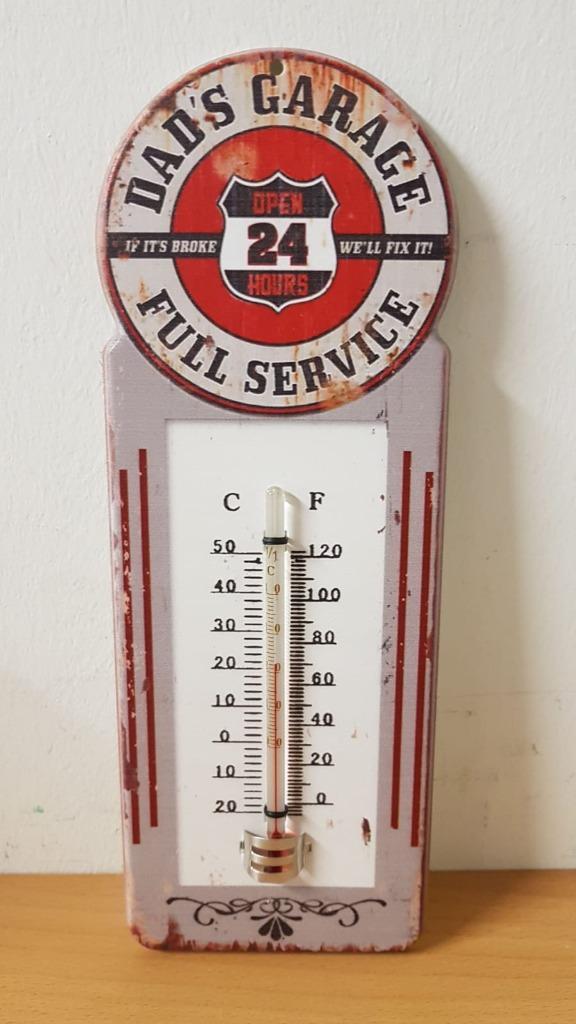 Dad's garage full service reclame thermometer van metaal, Huis en Inrichting, Woonaccessoires | Thermometers, Nieuw, Binnenthermometer