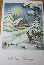 Gelukkig nieuwjaar - herten kijken naar huis in de sneeuw, Verzamelen, Ansichtkaarten | Themakaarten, 1940 tot 1960, Gelopen, Seizoenen