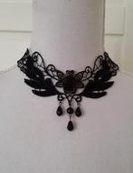 Zwarte kanten choker ketting met roosje en kralen, Overige materialen, Verstelbaar, Zwart, Nieuw