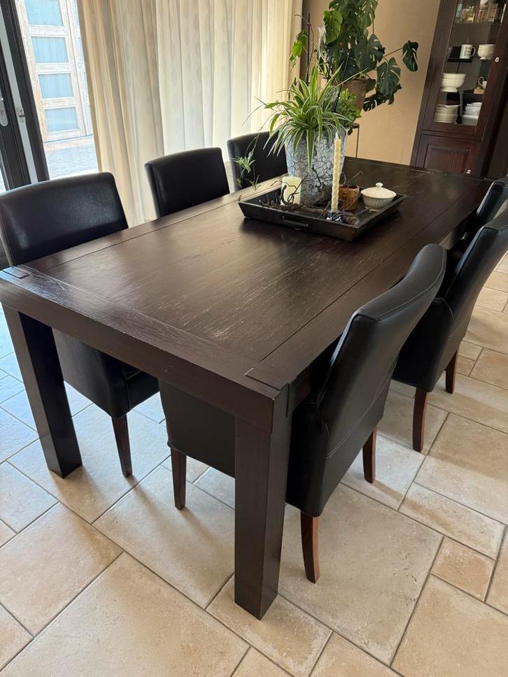 Eetkamerset: Eiken tafel + 6 lederen stoelen, Huis en Inrichting, Tafels | Eettafels, Gebruikt, 50 tot 100 cm, 200 cm of meer