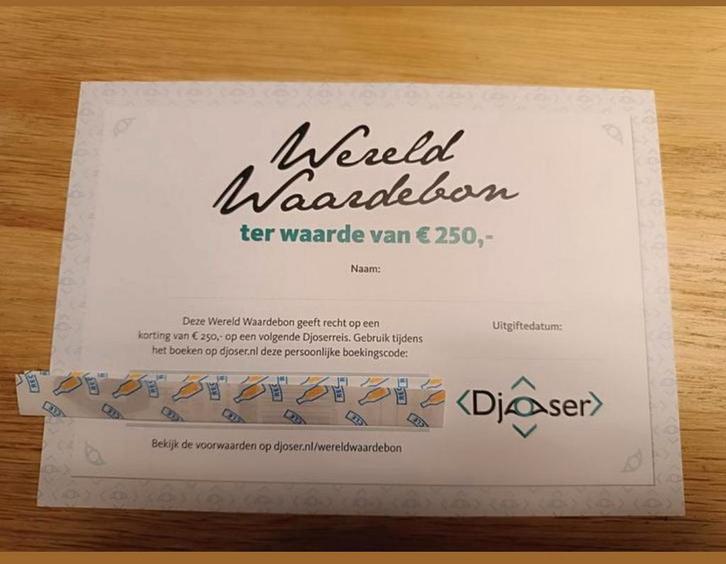 €250,- korting bij Djoserreizen op een prachtige reis uit hu, Tickets en Kaartjes, Kortingen en Cadeaubonnen, Eén persoon, Kortingsbon