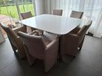 Xooon eettafel met zes roomwitte leren zwenkwiel-stoelen, Ophalen, Gebruikt, 4 tot 6 stoelen