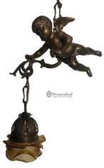 Antieke hanglamp barok met engel beeld brons - lamp kap glas, Antiek en Kunst, Ophalen of Verzenden