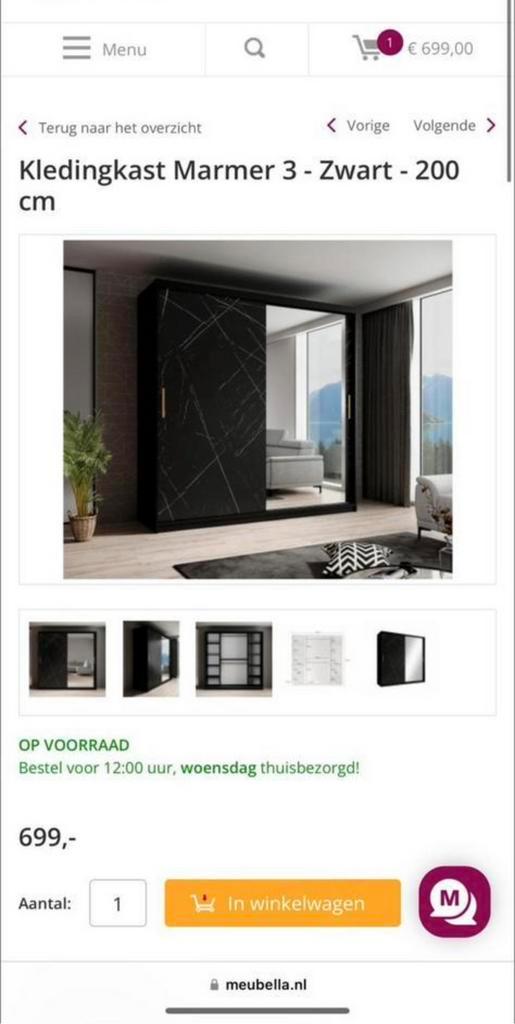 Kledingkast 2 meter breed met spiegel marmer design, Huis en Inrichting, Kasten | Kledingkasten, Zo goed als nieuw, 200 cm of meer