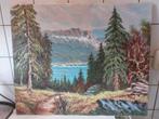 olieverf natuurschilderij met bergen en een meer, Ophalen of Verzenden