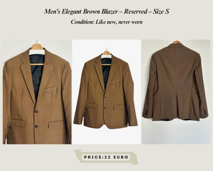 Men’s Elegant Brown Blazer – Reserved – Size S – Like New, Kleding | Heren, Kostuums en Colberts, Zo goed als nieuw, Maat 52/54 (L)