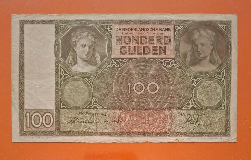 Biljet 100 gld. 1939, Luitspelende vrouw, cat. PL97.c1/117-3, Postzegels en Munten, Bankbiljetten | Nederland, Verzenden, 100 gulden