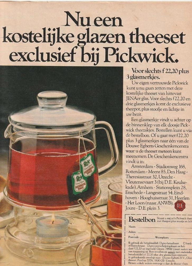 Retro reclame 1978 Pickwick thee nu theepot en glazen, Verzamelen, Retro, Overige typen, Verzenden
