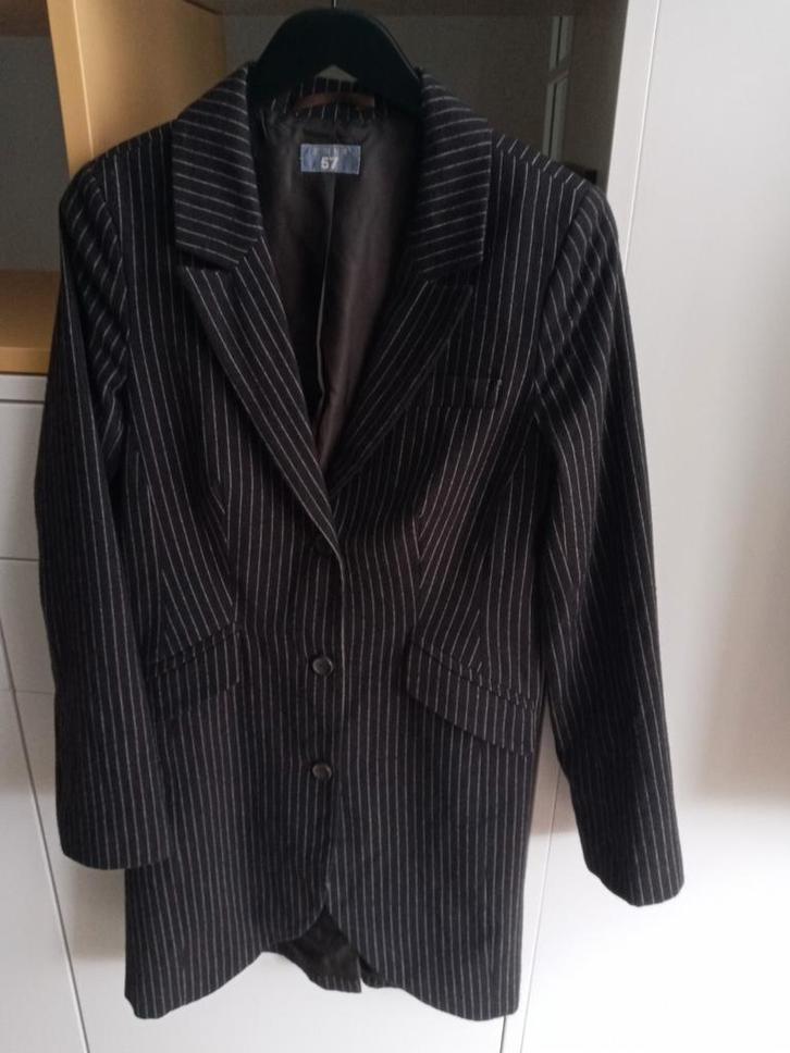 M prachtige lange jas zwart wit streepje split wol katoen SB, Kleding | Dames, Jassen | Winter, Zo goed als nieuw, Maat 38/40 (M)